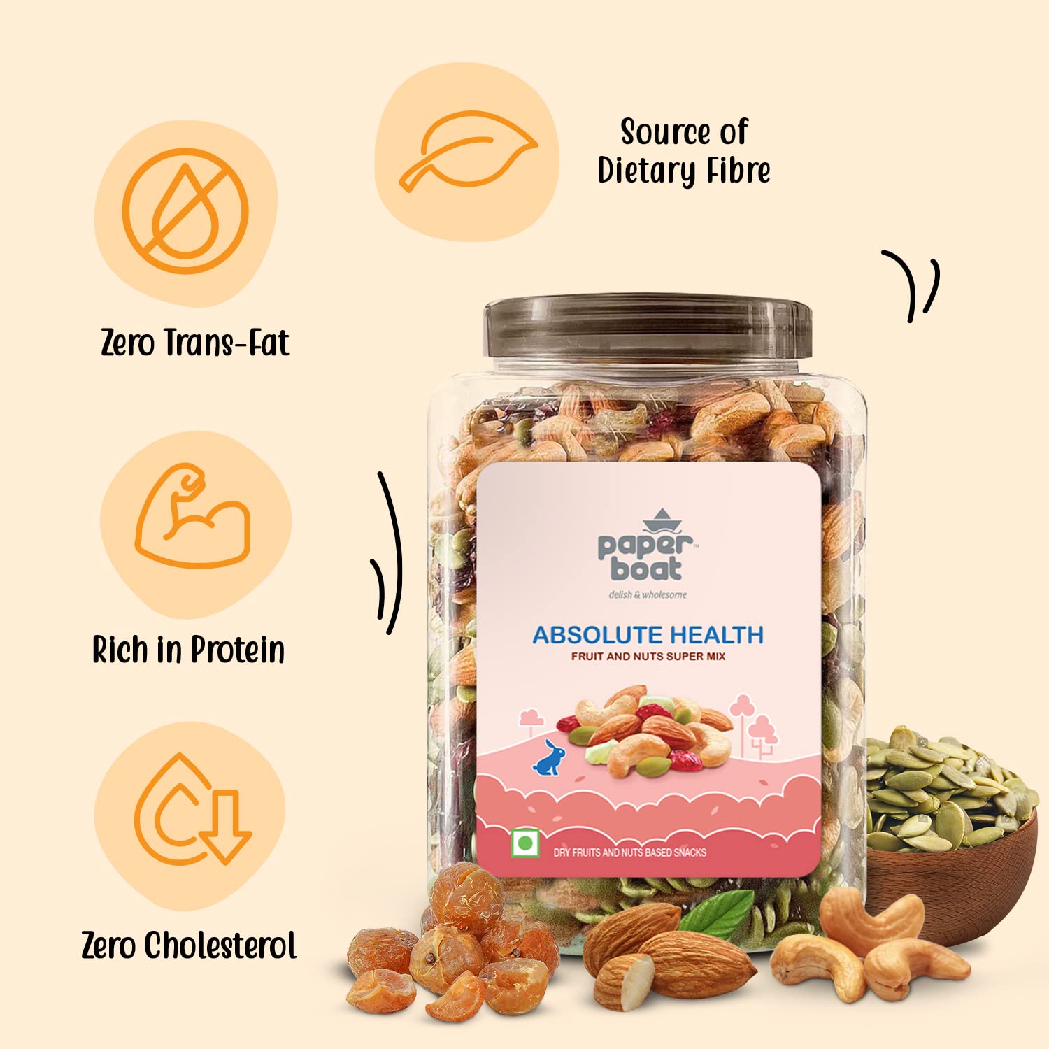 Paper Boat Absolute Health Dry Fruits Mix, Premium Trail Mix | Healthy Mixed Nuts with Dry Fruits | Almonds | Cashews | Cranberry | Pumpkin Seeds | Candied Amla, Reusable Jar (1000g)