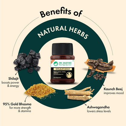 Dr. Vaidya’s Shilajit Gold Capsules for Men | Pure Himalayan Shuddha Shilajit, Ashwagandha, Swarna Bhasma, Gokshura & Fulvic Acid | Boosts Strength, Stamina, Energy & Vitality | 30 Capsules -Pack of 1