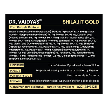 Dr. Vaidya’s Shilajit Gold Capsules for Men | Pure Himalayan Shuddha Shilajit, Ashwagandha, Swarna Bhasma, Gokshura & Fulvic Acid | Boosts Strength, Stamina, Energy & Vitality | 30 Capsules -Pack of 1