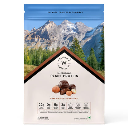 Wellbeing Nutrition Organic Vegan Plant Protein Isolate | 22g Protein, 5g BCAA, 3B CFU Probiotics, Enzymes, 3g Fiber, 5 Alkalizing Greens | NO Bloating, Easy to Digest| Belgian Dark Chocolate, 500gm