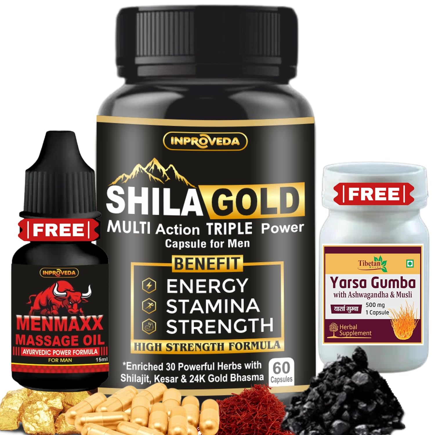 ShilaGold Shilajit Gold Capsules 850mg with Swarn Bhasm | 25 Ayurvedic Herbs like Shilajit, Ashwagandha & Safed Musli | For Play More Time - 60 Capsules