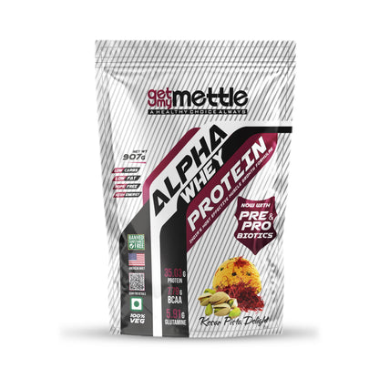 Getmymettle Alpha Whey Protein 1kg Kesar Pista Flavor, 35g Protein Muscle Growth & Rapid Recovery Post-Workout. Budget Friendly, USA Imported Whey