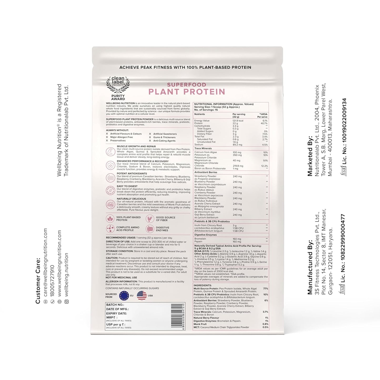 Wellbeing Nutrition Organic Vegan Plant Protein Isolate| 22g Protein, 5g BCAA, 3B CFU Probiotics, Digest Enzymes, 3g Fiber, 5 Alkalizing Greens| NO Bloating, Easy to Digest| Canadian Mixed Berry 500gm