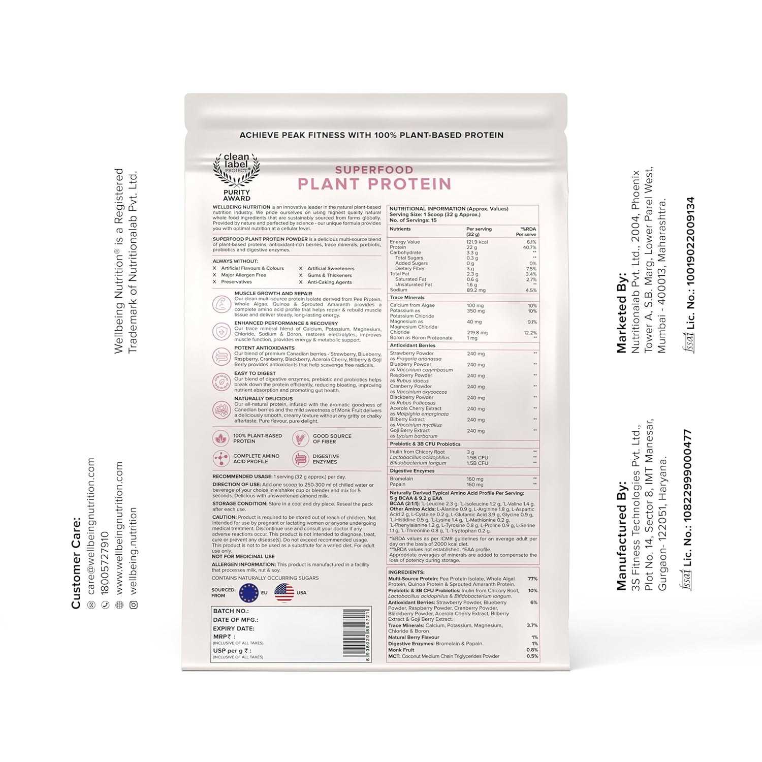 Wellbeing Nutrition Organic Vegan Plant Protein Isolate| 22g Protein, 5g BCAA, 3B CFU Probiotics, Digest Enzymes, 3g Fiber, 5 Alkalizing Greens| NO Bloating, Easy to Digest| Canadian Mixed Berry 500gm