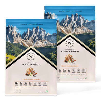 Wellbeing Nutrition Organic Vegan Plant Protein Isolate| 22g Protein, 5g BCAA, 3B CFU Probiotics, Digestive Enzyme, 3g Fiber, Alkalizing Green| NO Bloat, Easy to Digest| French Vanilla Caramel 500gm