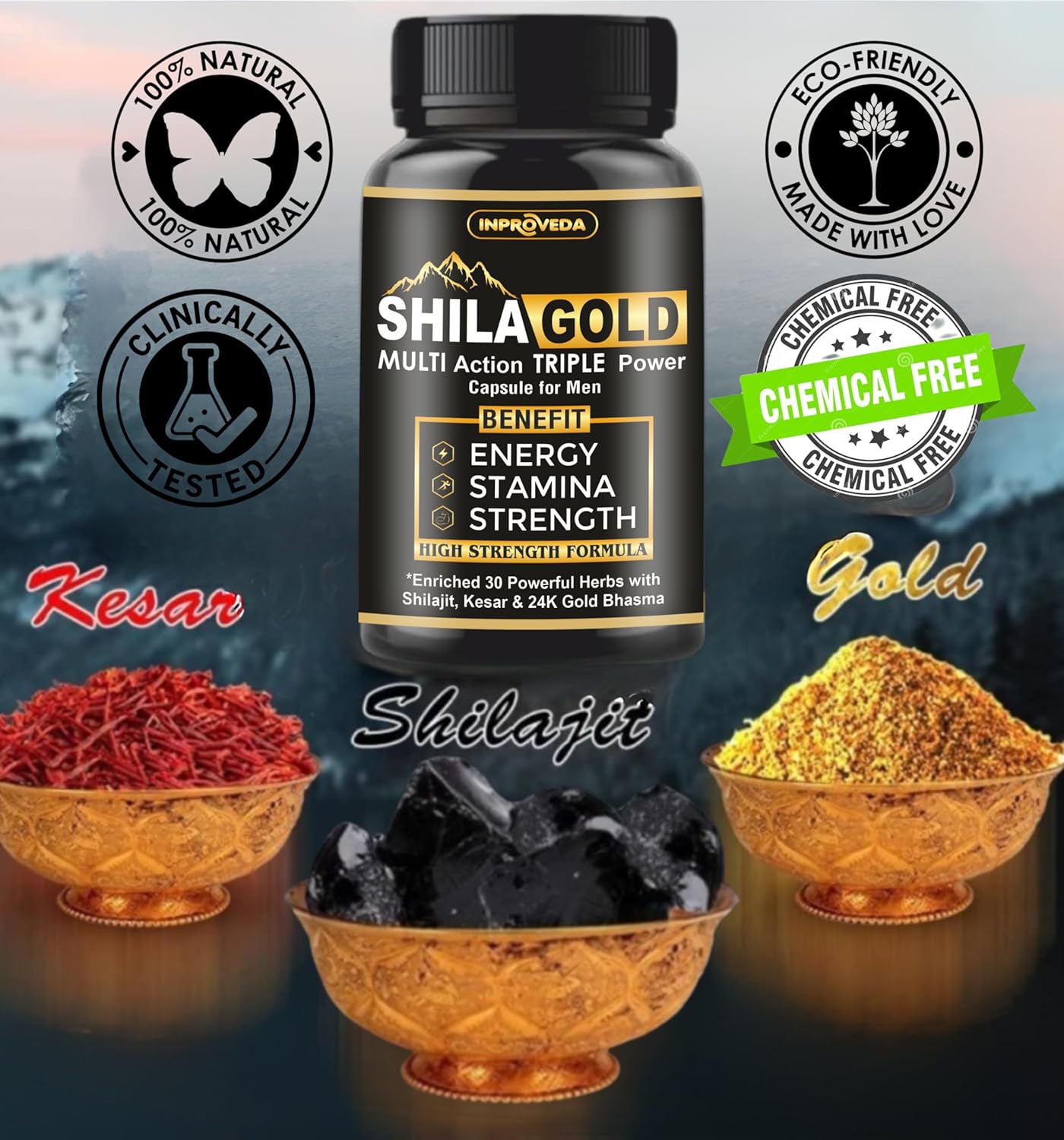ShilaGold Shilajit Gold Capsules 850mg with Swarn Bhasm | 25 Ayurvedic Herbs like Shilajit, Ashwagandha & Safed Musli | For Play More Time - 60 Capsules