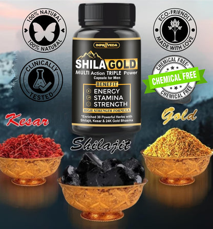 ShilaGold Shilajit Gold Capsules 850mg with Swarn Bhasm | 25 Ayurvedic Herbs like Shilajit, Ashwagandha & Safed Musli | For Play More Time - 60 Capsules