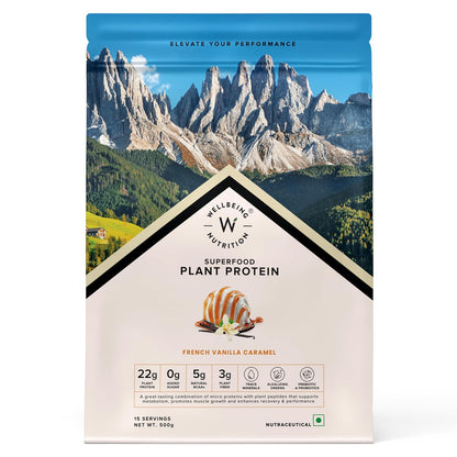 Wellbeing Nutrition Organic Vegan Plant Protein Isolate| 22g Protein, 5g BCAA, 3B CFU Probiotics, Digestive Enzyme, 3g Fiber, Alkalizing Green| NO Bloat, Easy to Digest| French Vanilla Caramel 500gm