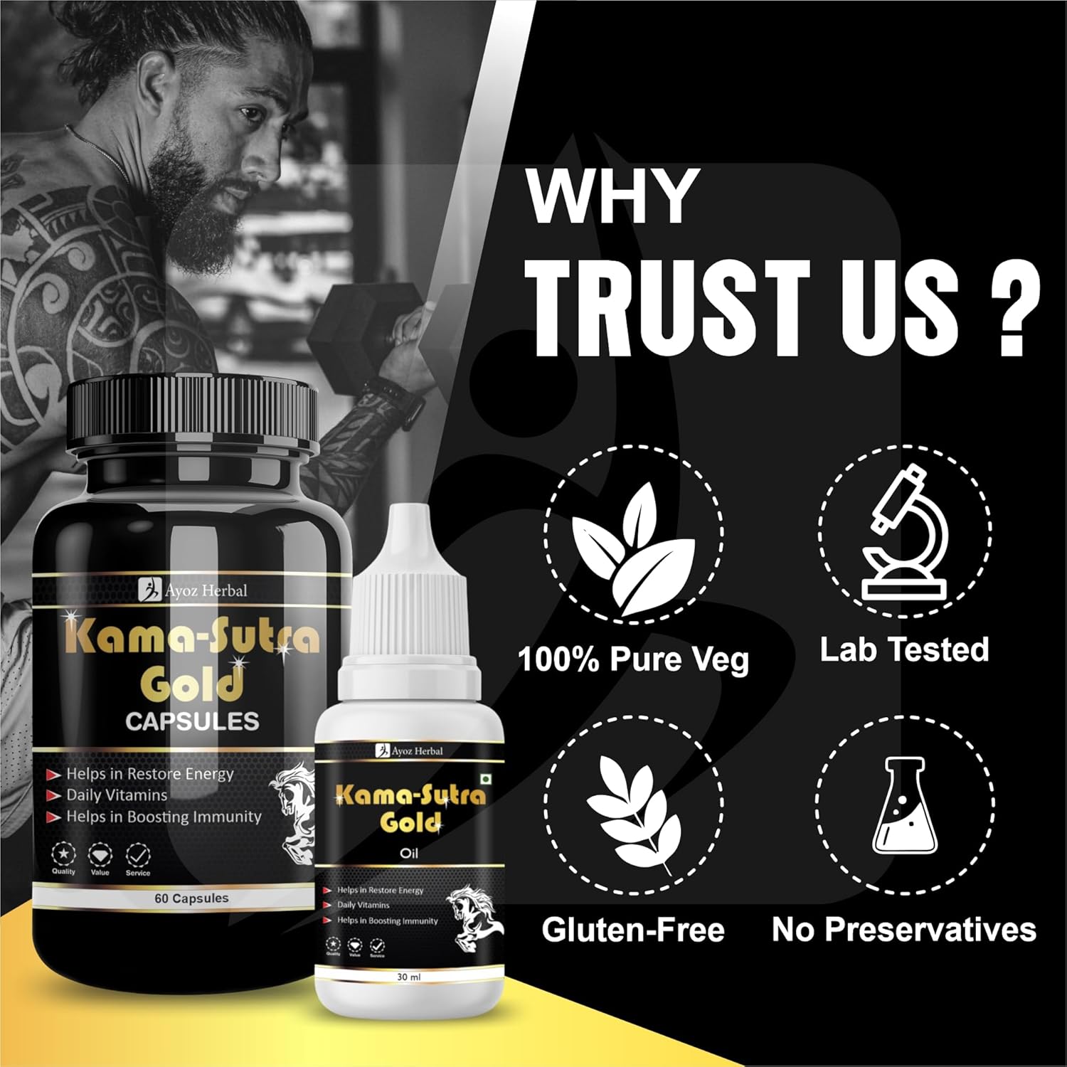 Kama Sutra Gold Capsules Recharge Energy 60 Capsules with Massage Oil 30ml Combo