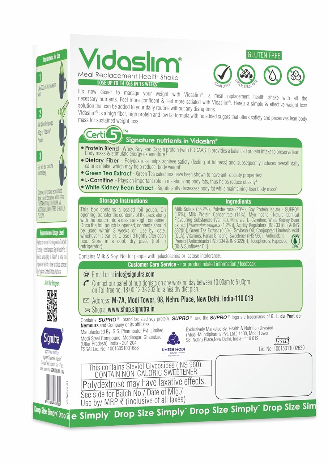 Vidaslim Meal Replacement Protein Health Shake | For Weight Management & Control | 22.8g Protein Per Serve | For Men & Women | Enriched with L-Carnitine, Green Tea & White Kidney Bean Extracts | (500g, Vanilla Elixir)