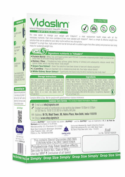 Vidaslim Meal Replacement Protein Health Shake | For Weight Management & Control | 22.8g Protein Per Serve | For Men & Women | Enriched with L-Carnitine, Green Tea & White Kidney Bean Extracts | (500g, Vanilla Elixir)