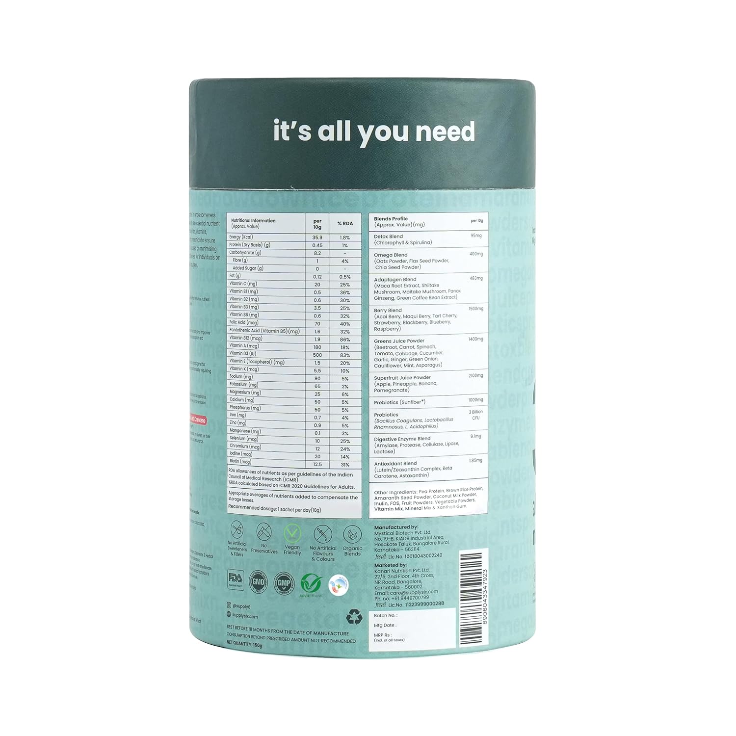 Supply6 360 Ultimate Health Powder for Women & Men | Daily Supplement with 63+Vitamins, Minerals, Probiotics, and Superfoods | Daily Greens | Gut Health supplements, Energy, Immunity (30 Servings)