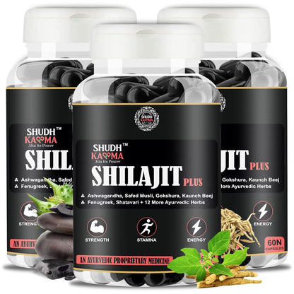 Shilajit Plus Ayurvedic Supplement with 18 Herbs including Shilajit, Ashwagandha and Safed Musli for Strength & Stamina - 180 Capsules