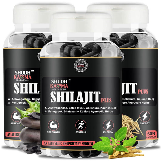 Shilajit Plus Ayurvedic Supplement with 18 Herbs including Shilajit, Ashwagandha and Safed Musli for Strength & Stamina - 180 Capsules