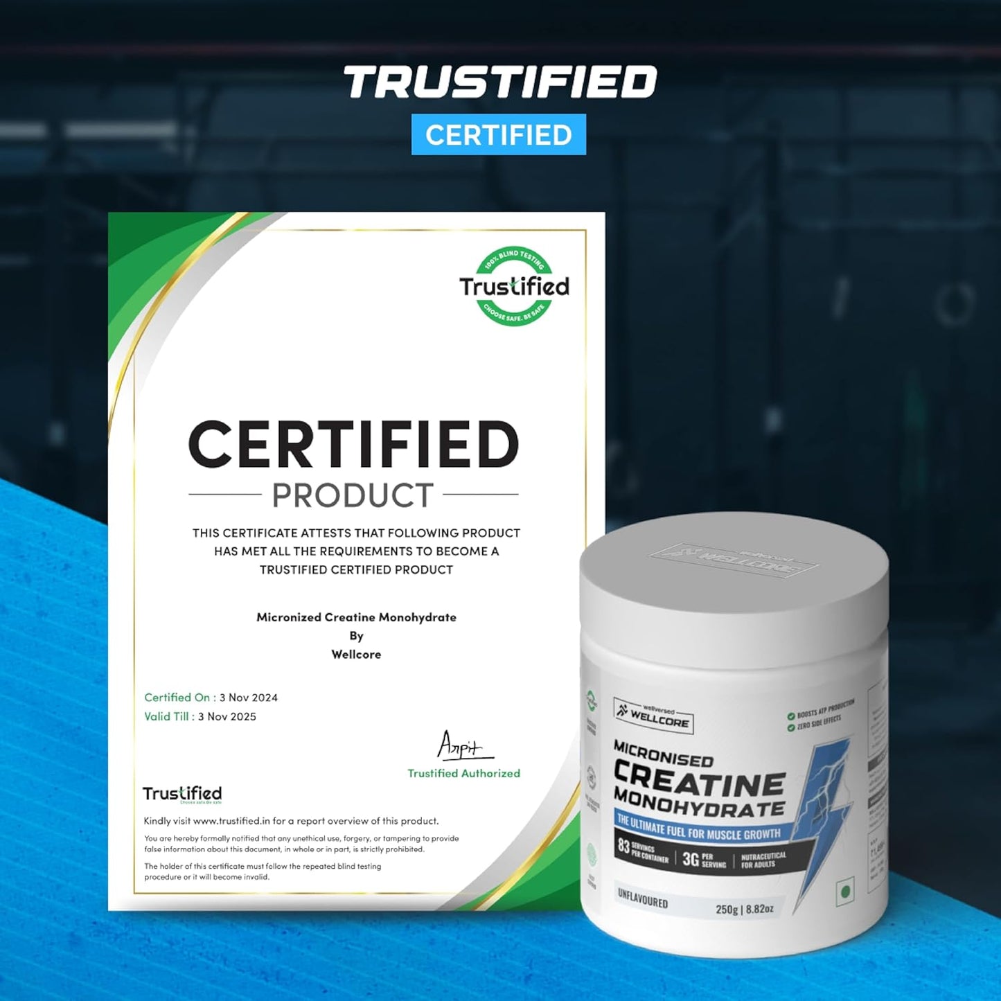 Wellcore Pure Micronised Creatine Powder (83 Servings, Unflavoured) For Enhanced Muscle Strength With Rapid Absorption | Creatine Monohydrate | Wellcore Creatine - 250g