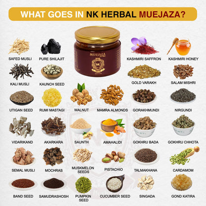 NK Herbal Muejaza For Men - Vitality Strength Stamina & Overall Health - with Pure Saffron | Shilajit | Ashwagandha | Gold Vark | Safed Musli | Kaunch Seeds and more - Natural Ayurvedic Chyawanprash - 300g