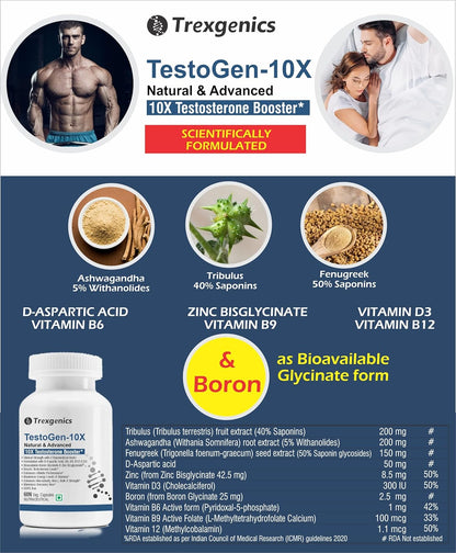 Trexgenics Testogen-10X Synergistic Action with Ashwagandha withanolides, Fenugreek & Tribulus saponins, Boron Glycinate,Zinc,Aspartic acid,D3,B6,B9,B12(60 Veg capsules)