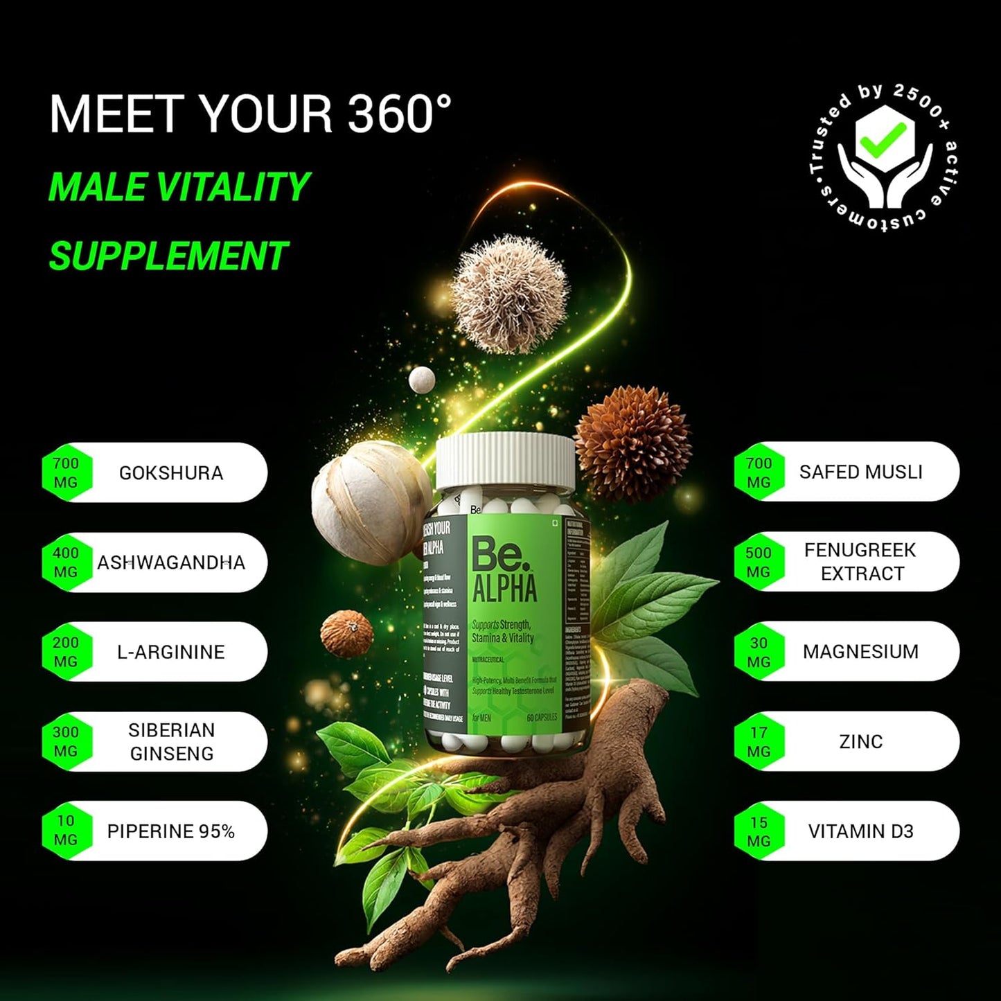 Be. Alpha Testosterone Support for Men | Daily Magnesium Supplement, Ashwagandha, Safed Musli, Fenugreek, Gokhshura & Ginseng | For Energy, Stamina, Vitality & Muscle Mass | (120 capsules)