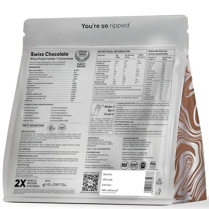 Wellbeing Nutrition Whey Protein Isolate & Concentrate 1Kg Swiss Chocolate | 24g Protein, Clinically Proven Velositol 2x Muscle Protein Synthesis, 4B CFU Probiotics & Digestive Enzymes, Easy to Digest