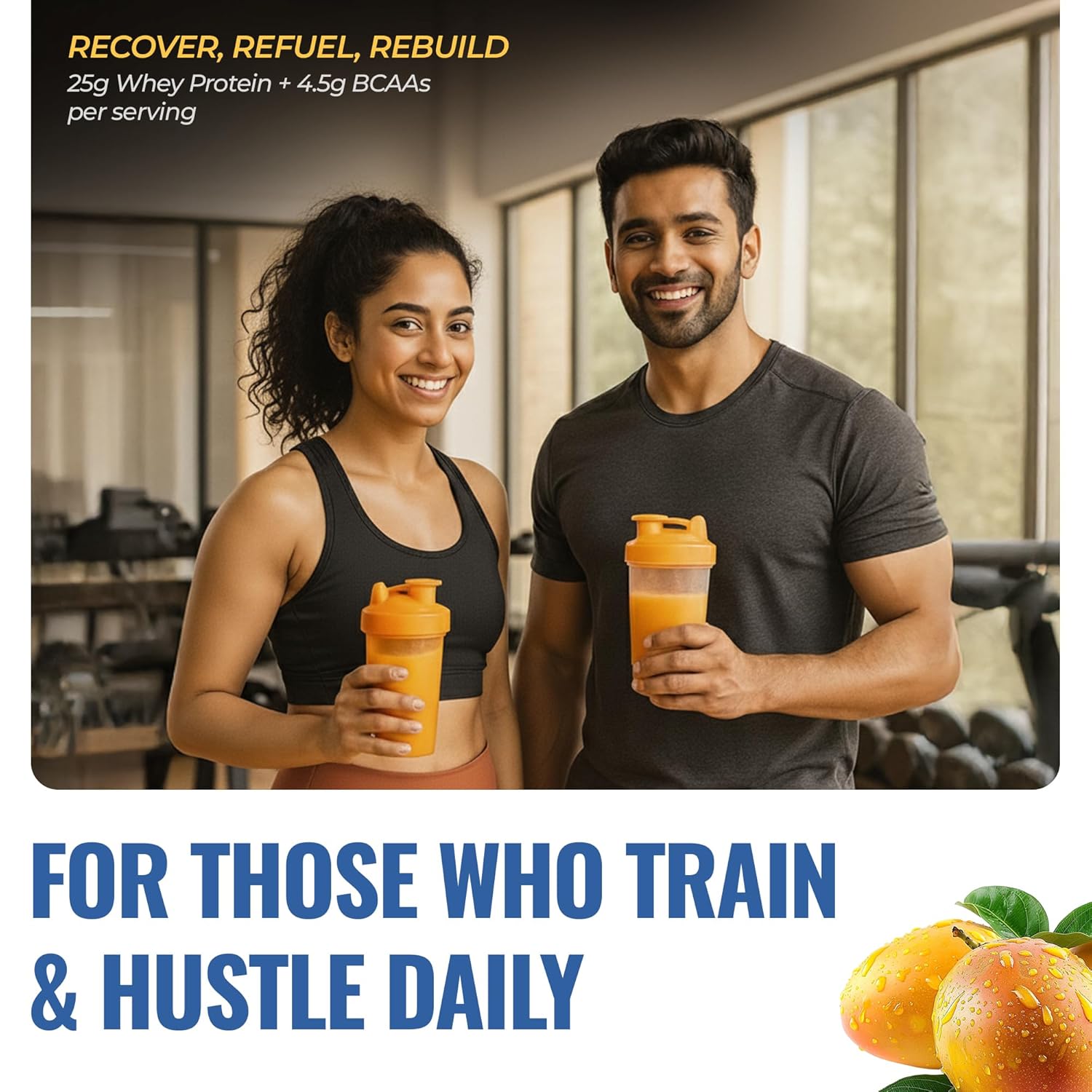 Great Vibes Mango Flavored Whey Protein Concentrate | 25g Protein, 4.5g BCAA & 5B CFU Probiotics & Digestive Enzymes | Zero Sugar Protein Powder for Men & Women For Muscle Gain, Weight Loss & Gut Health