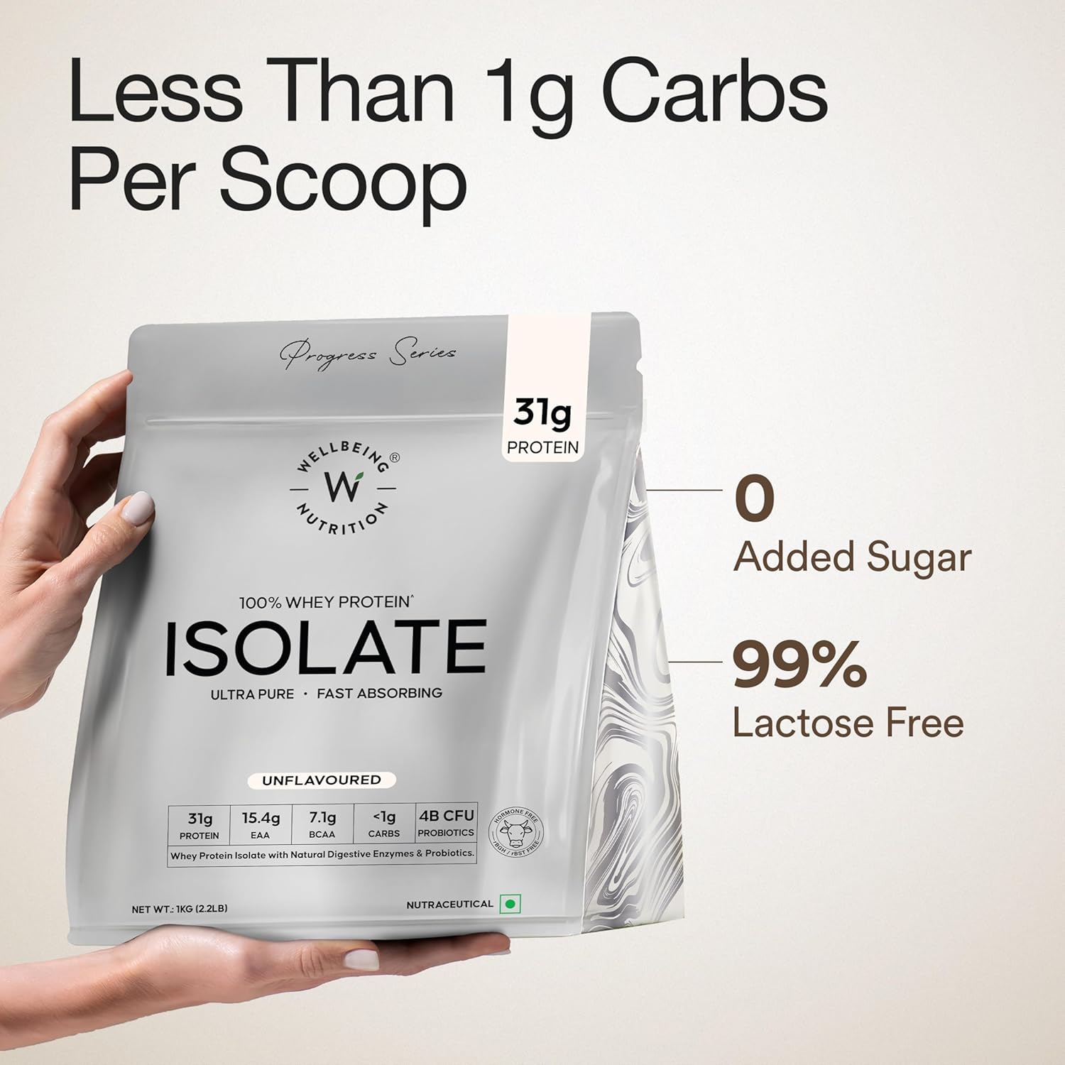 Wellbeing Nutrition Whey Protein Isolate 1kg Unflavoured | 31g Protein, 7.1g BCAA | 4B CFU Probiotics & Natural Digestive Enzymes | Fast Absorbing, No Bloating, Easy to Digest | Faster Muscle Recovery