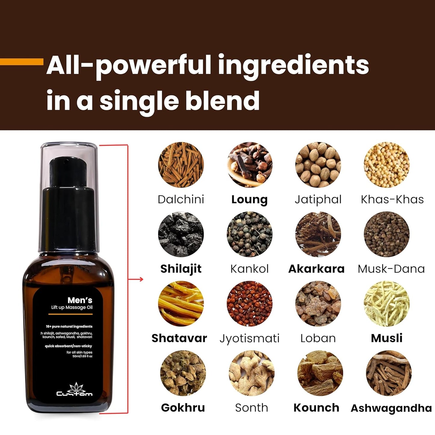 Custom Lift-Up Massage Oil for Men 50 ml, With Pure and Natural Ingredients, No side Effects