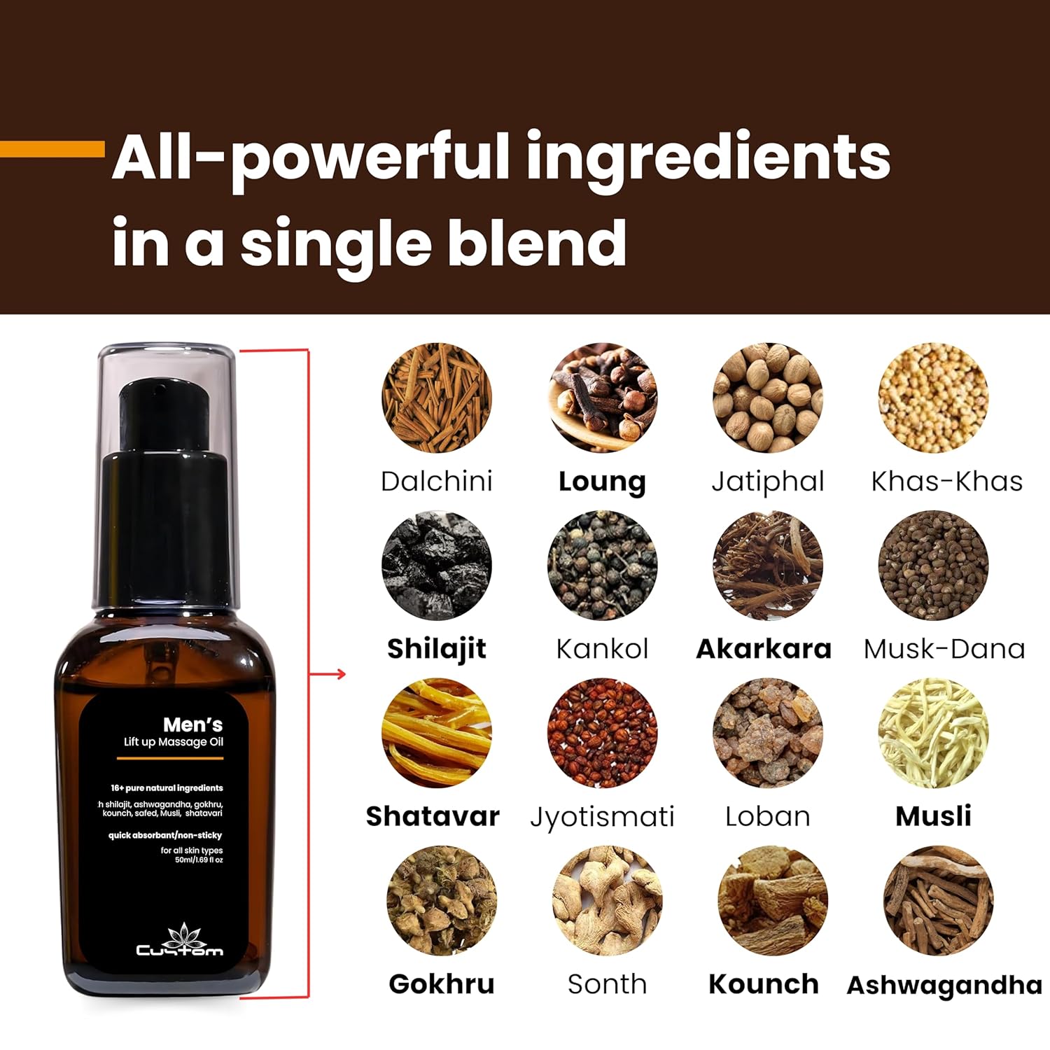 Custom Lift-Up Massage Oil for Men 50 ml, With Pure and Natural Ingredients, No side Effects