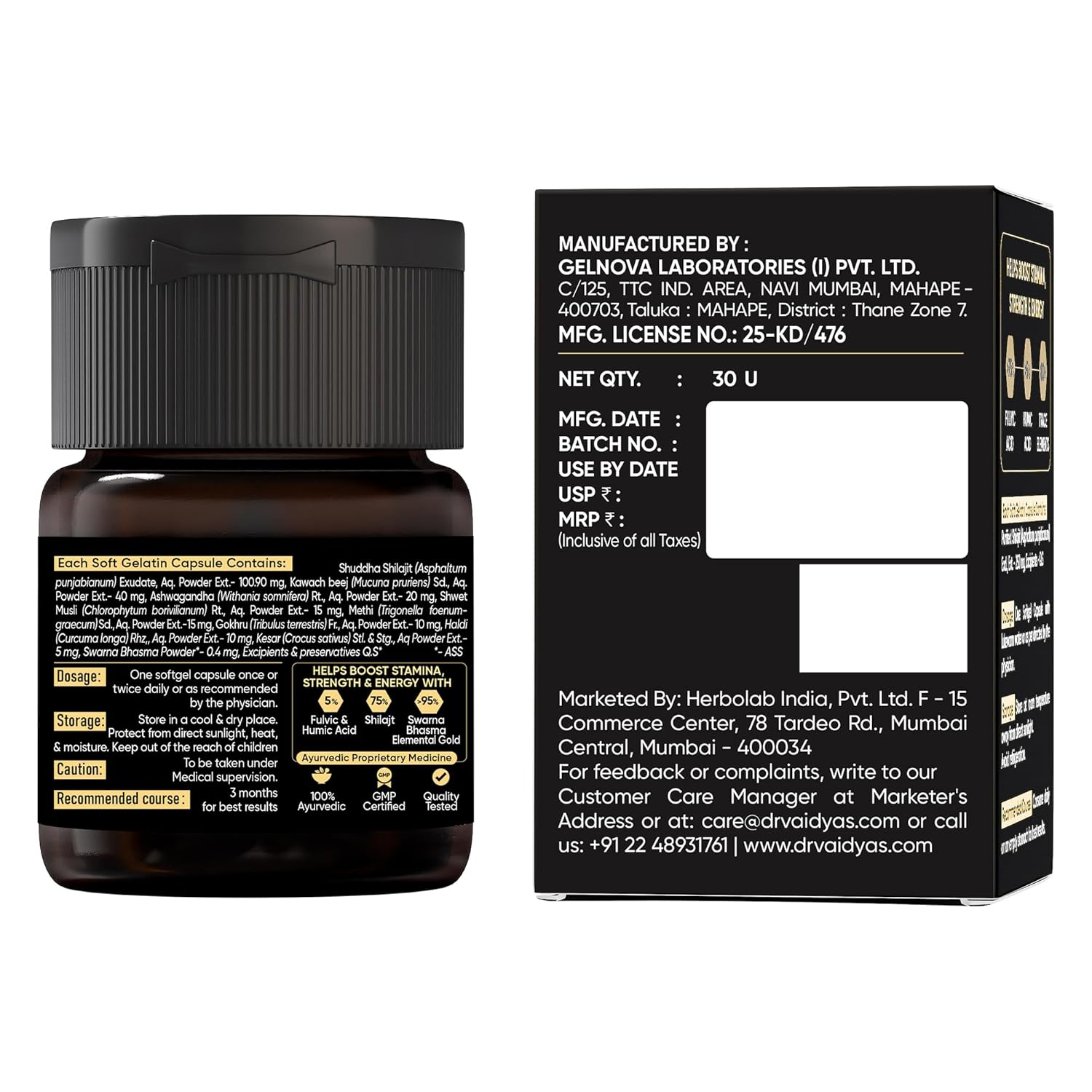 Dr. Vaidya's Herbo24Turbo Shilajit Resin Softgel Capsules | 30 Ayurvedic Capsules for Strength, Stamina & Energy in Men | Enriched with Pure Shilajit for Men & 24K Gold Bhasma (Pack of 2)