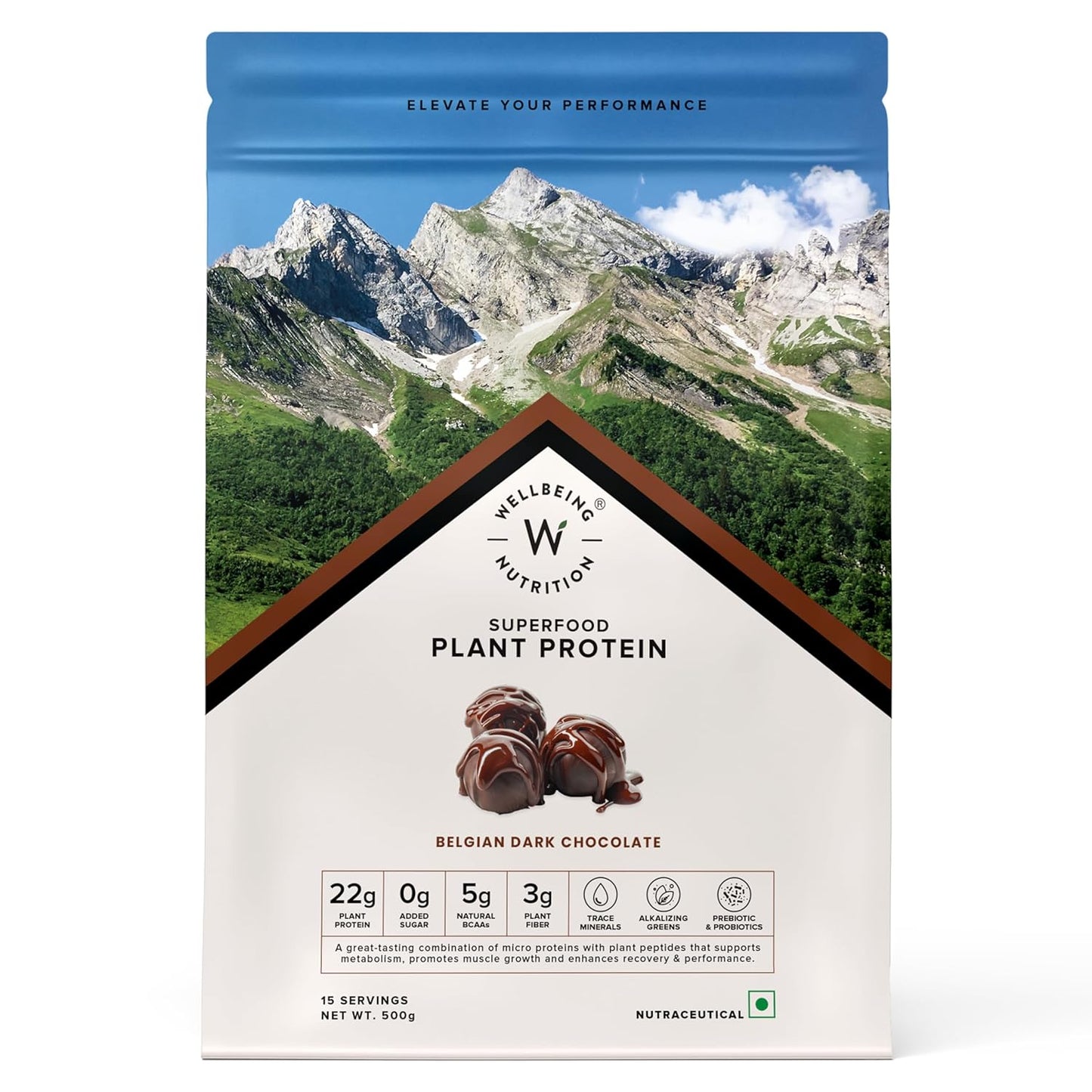 Wellbeing Nutrition Organic Vegan Plant Protein Isolate | 22g Protein, 5g BCAA, 3B CFU Probiotics, Enzymes, 3g Fiber, 5 Alkalizing Greens | NO Bloating, Easy to Digest| Belgian Dark Chocolate, 500gm
