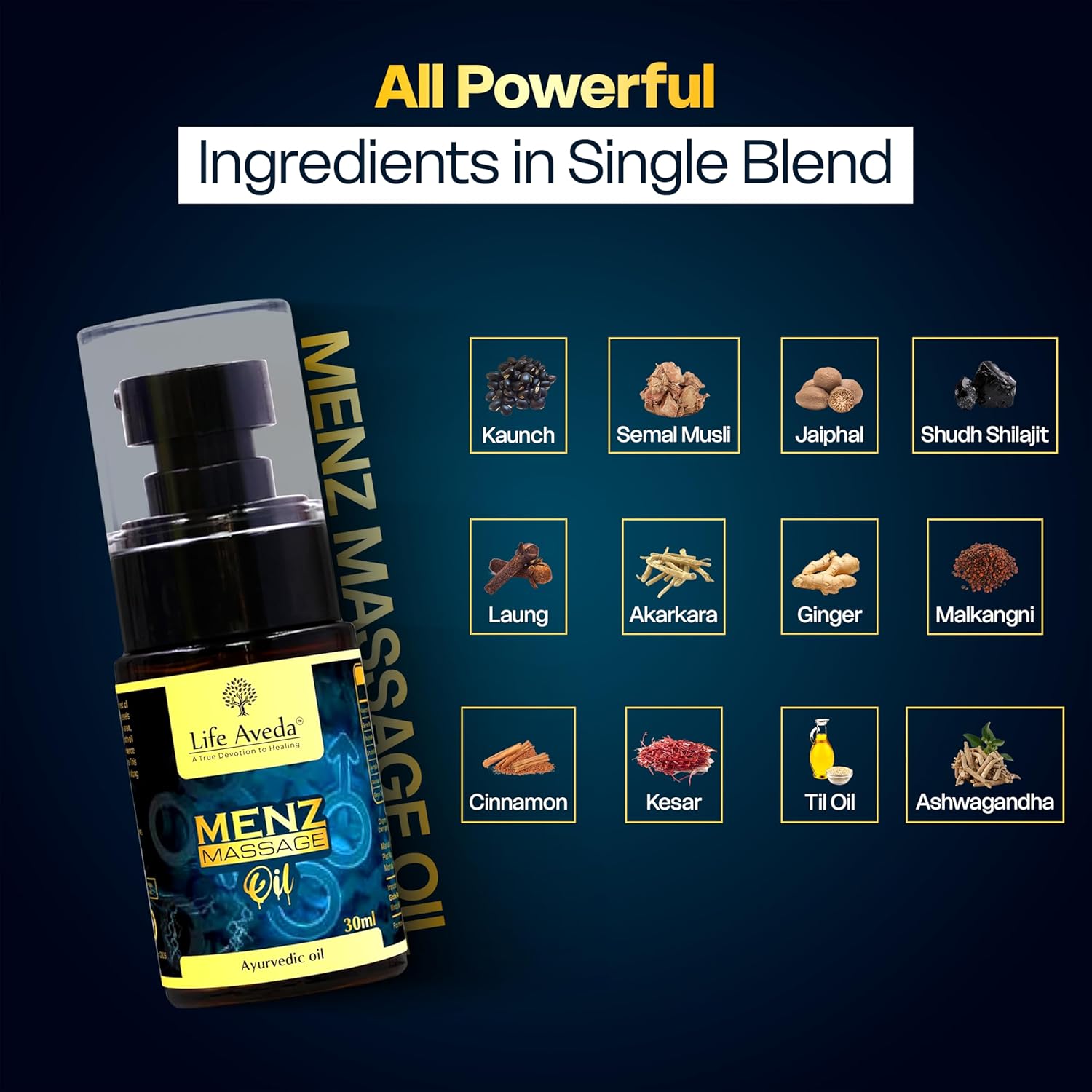 Life Aveda Men'z Massage Oil (30ml) - लिंG को मोटा और लंबा करने का तेल / दवाई- Help to Get you Nunu/लिंG/Ozar* for better Strength and Energy | Pure, Organic and Skin Friendly Oil with Natural Ingredients