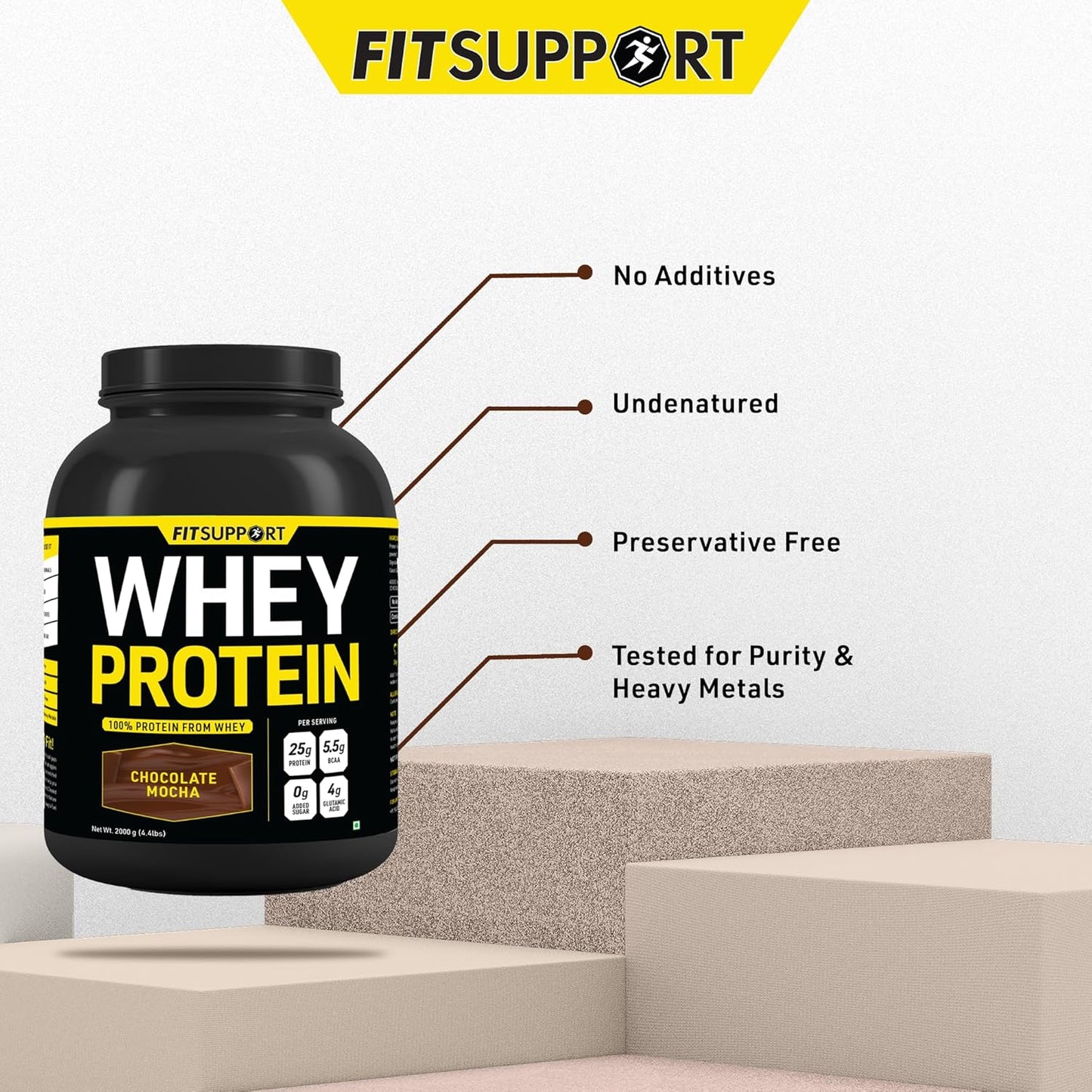 FITSUPPORT Premium Whey Protein Powder | High-Protein, Low-Sugar, Smooth & Creamy | Instant Coffee Mix with Real Cocoa, Smooth & Indulgent Flavor (2Kg, Chocolate Mocha)