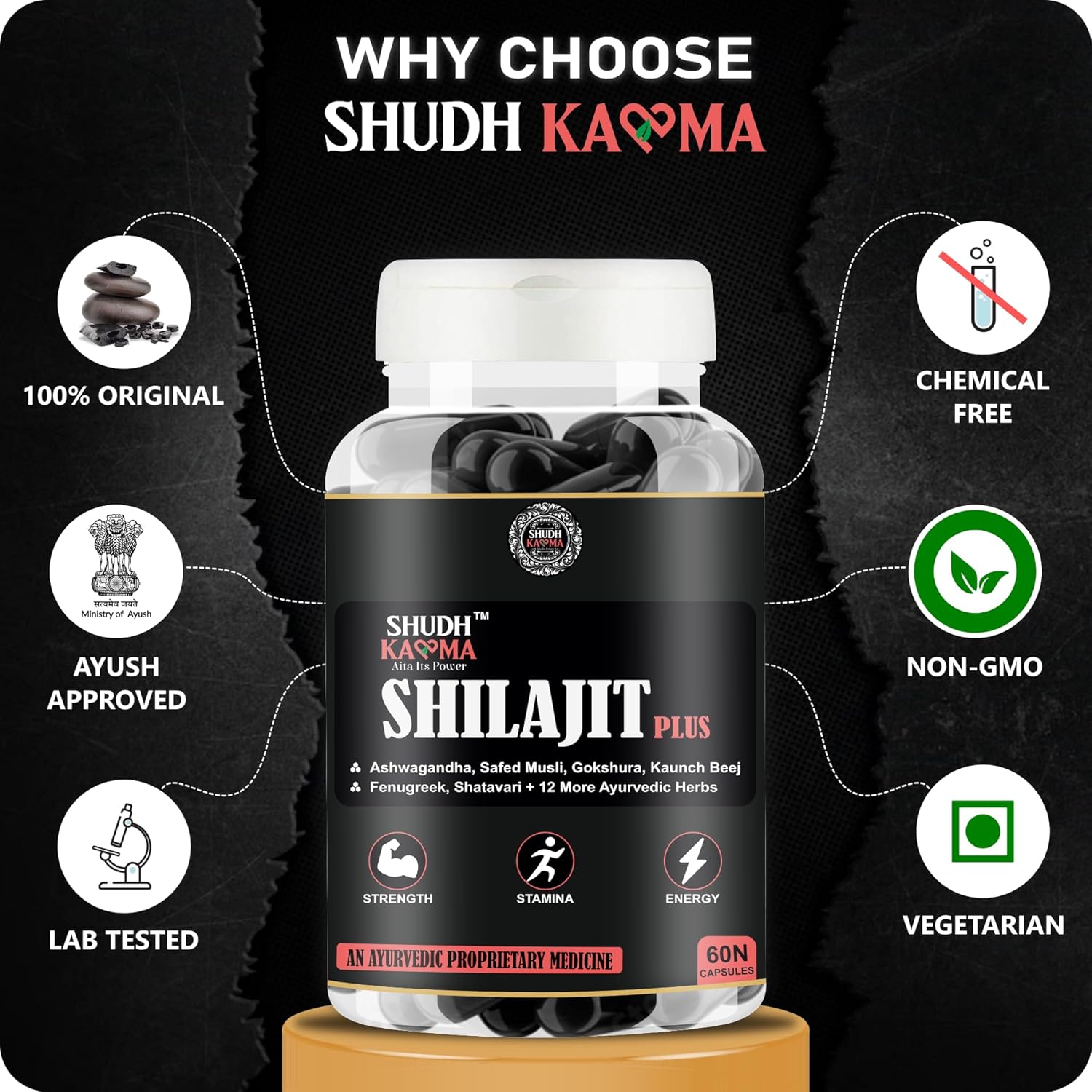 Shilajit Plus Ayurvedic Supplement with 18 Herbs including Shilajit, Ashwagandha and Safed Musli for Strength & Stamina - 180 Capsules