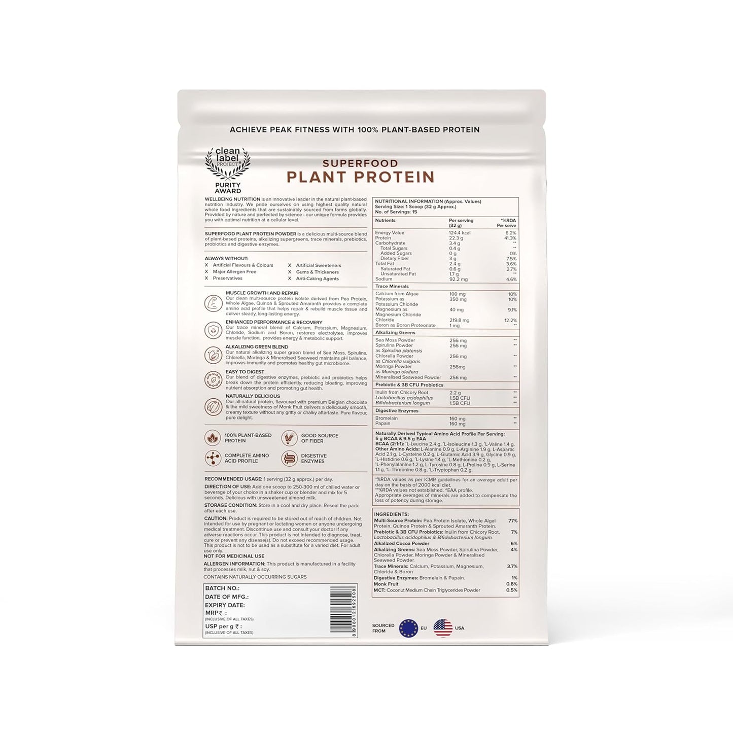 Wellbeing Nutrition Organic Vegan Plant Protein Isolate | 22g Protein, 5g BCAA, 3B CFU Probiotics, Enzymes, 3g Fiber, 5 Alkalizing Greens | NO Bloating, Easy to Digest| Belgian Dark Chocolate, 500gm