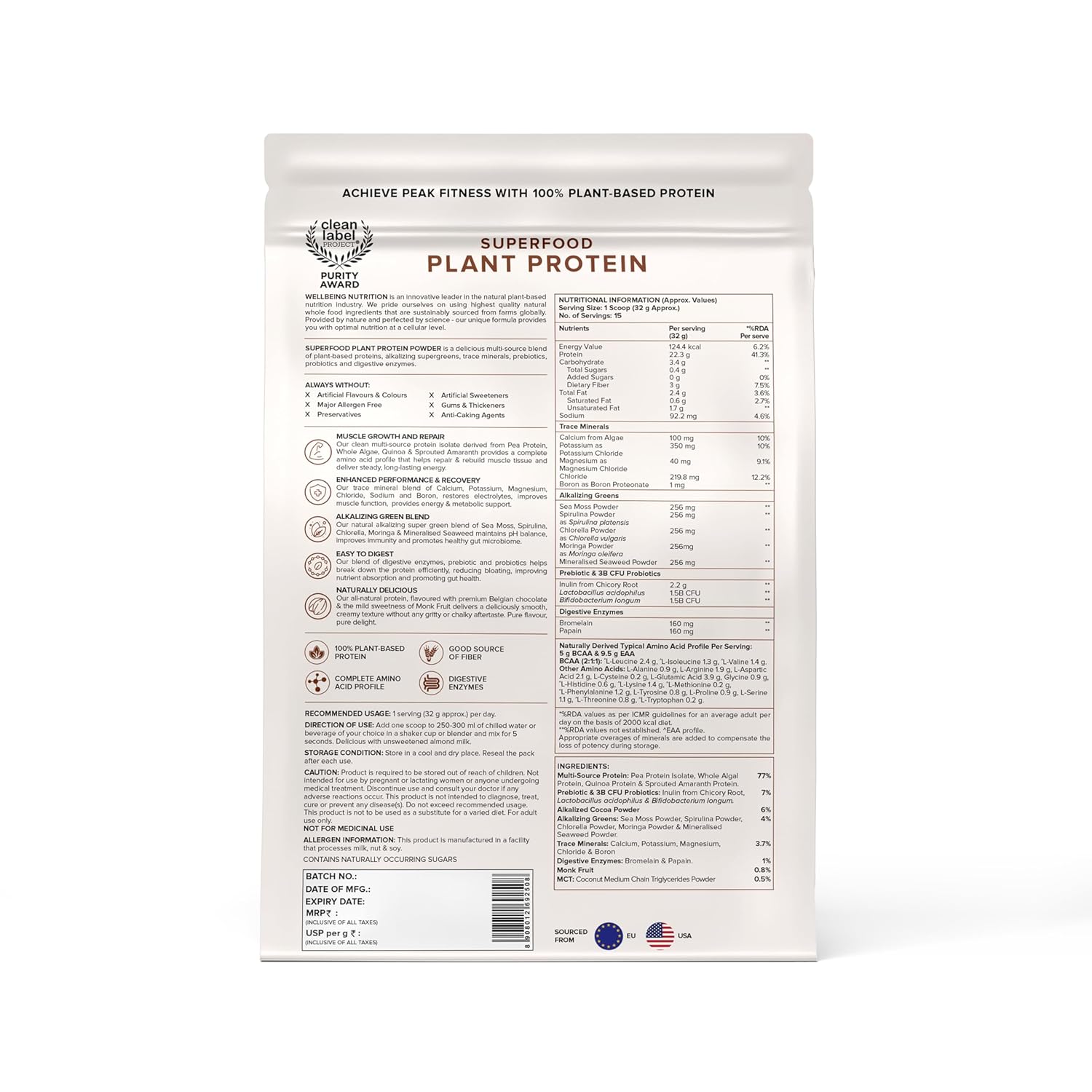 Wellbeing Nutrition Organic Vegan Plant Protein Isolate | 22g Protein, 5g BCAA, 3B CFU Probiotics, Enzymes, 3g Fiber, 5 Alkalizing Greens | NO Bloating, Easy to Digest| Belgian Dark Chocolate, 500gm