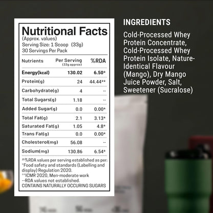 FUELLED Whey Protein Powder Concentrate & Isolate with 24 g Protein, 5 g BCAA (1 kg, 30 Servings) Lab Tested (Mango Ice Cream)