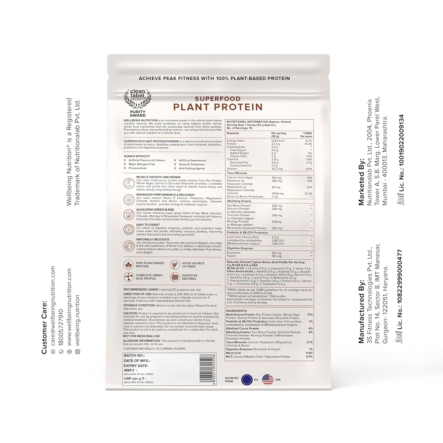 Wellbeing Nutrition Organic Vegan Plant Protein Isolate | 22g Protein, 5g BCAA, 3B CFU Probiotics, Enzymes, 3g Fiber, 5 Alkalizing Greens | NO Bloating, Easy to Digest| Belgian Dark Chocolate, 500gm