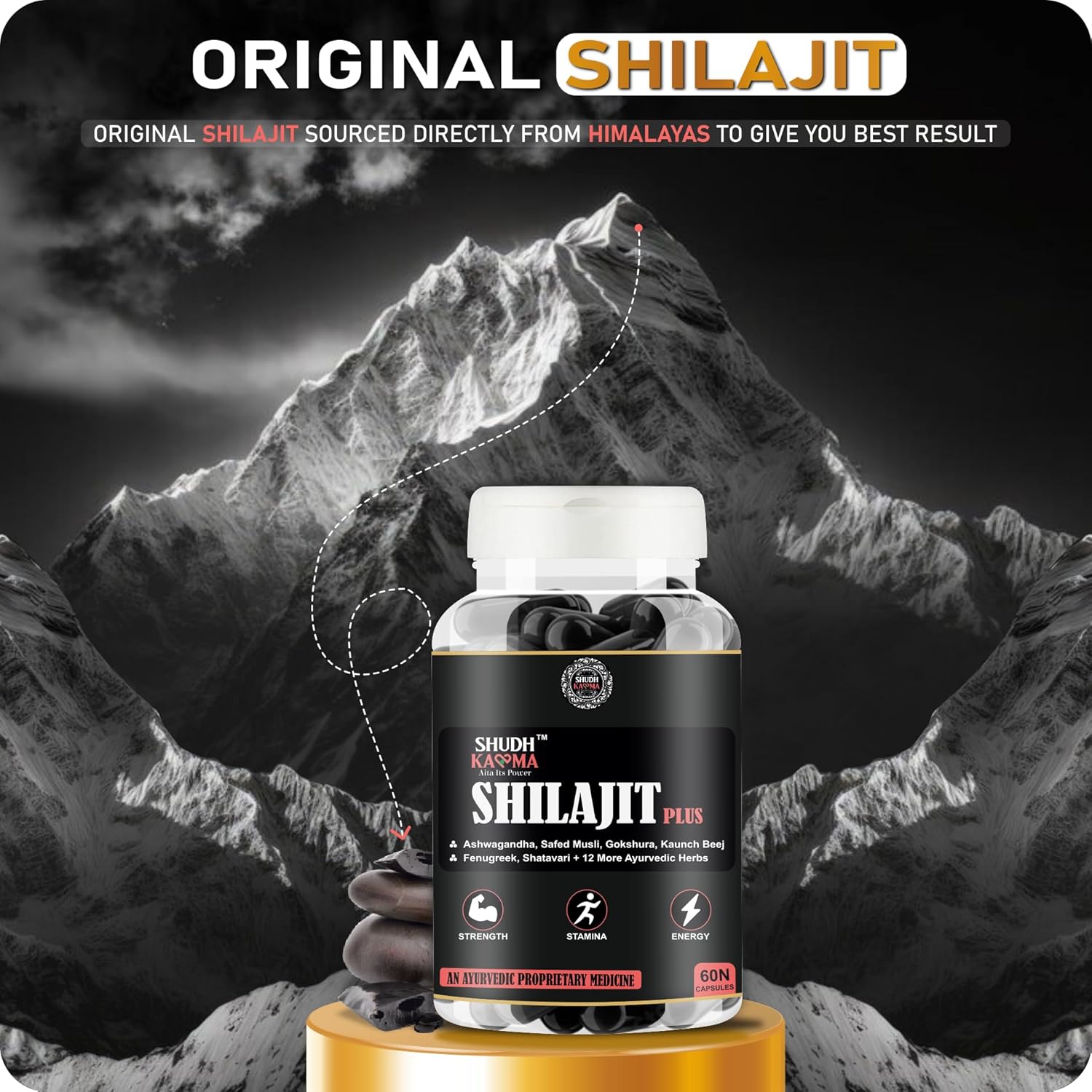 Shilajit Plus Ayurvedic Supplement with 18 Herbs including Shilajit, Ashwagandha and Safed Musli for Strength & Stamina - 180 Capsules
