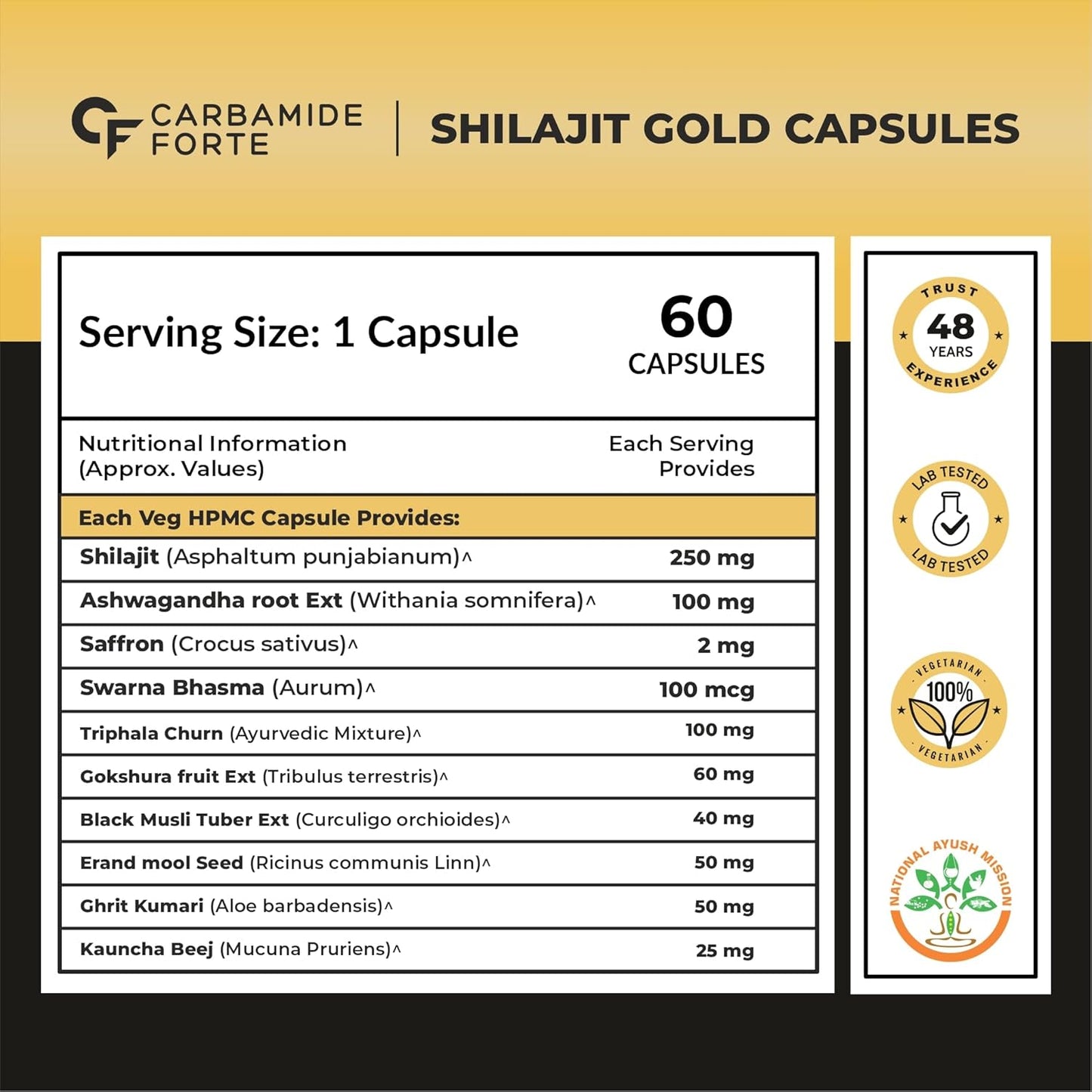 Carbamide Forte Shilajit Gold Capsules For Men With Pure Shilajit Swarna Bhasma,Gokshura,Ashwagandha | Himalayan Shilajiit For Men | Shilajeet Gold Original | Shilajeet Capsule | 60 Veg Capsules