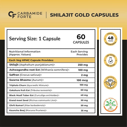 Carbamide Forte Shilajit Gold Capsules For Men With Pure Shilajit Swarna Bhasma,Gokshura,Ashwagandha | Himalayan Shilajiit For Men | Shilajeet Gold Original | Shilajeet Capsule | 60 Veg Capsules