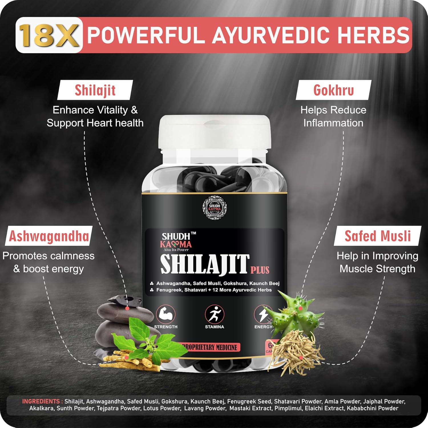 Shilajit Plus Ayurvedic Supplement with 18 Herbs including Shilajit, Ashwagandha and Safed Musli for Strength & Stamina - 180 Capsules
