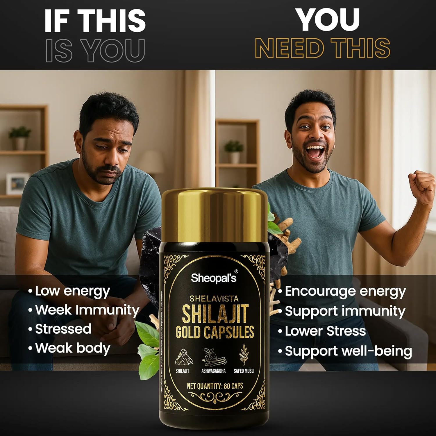 Sheopals Shelavista Shilajit/Shilajeet Gold 60 Capsules | For Stamina, Muscle Growth & Energy | Ashwagandha, Gokshura, Safed Musali With Other Action Herbs | 100% Ayurvedic