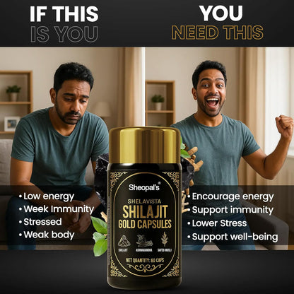 Sheopals Shelavista Shilajit/Shilajeet Gold 60 Capsules | For Stamina, Muscle Growth & Energy | Ashwagandha, Gokshura, Safed Musali With Other Action Herbs | 100% Ayurvedic