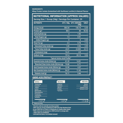 TrueBasics Clean Whey 100% Protein Isolate Powder (Vanilla, 1kg) | 30g Protein per Scoop