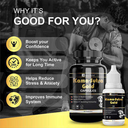 Kama Sutra Gold Capsules Recharge Energy 60 Capsules with Massage Oil 30ml Combo