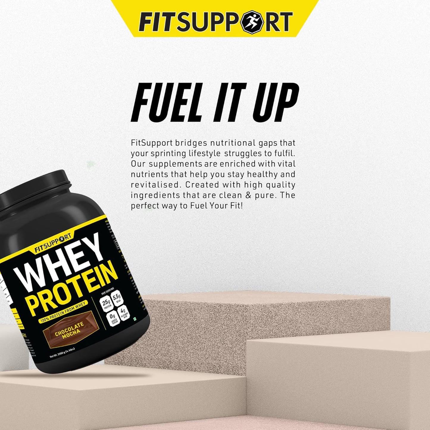 FITSUPPORT Premium Whey Protein Powder | High-Protein, Low-Sugar, Smooth & Creamy | Instant Coffee Mix with Real Cocoa, Smooth & Indulgent Flavor (2Kg, Chocolate Mocha)