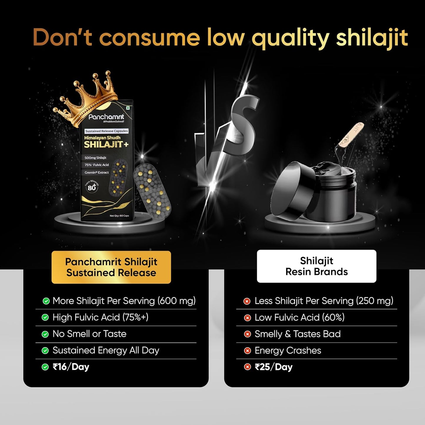 Panchamrit Himalayan Shilajit Sustained Release Capsules for Men & Women | 100% Ayurvedic | 500mg Pure Shilajeet Supplement 75% Fulvic Acid & Ginkgo Biloba | Boosts Energy & Stamina | 60 Caps