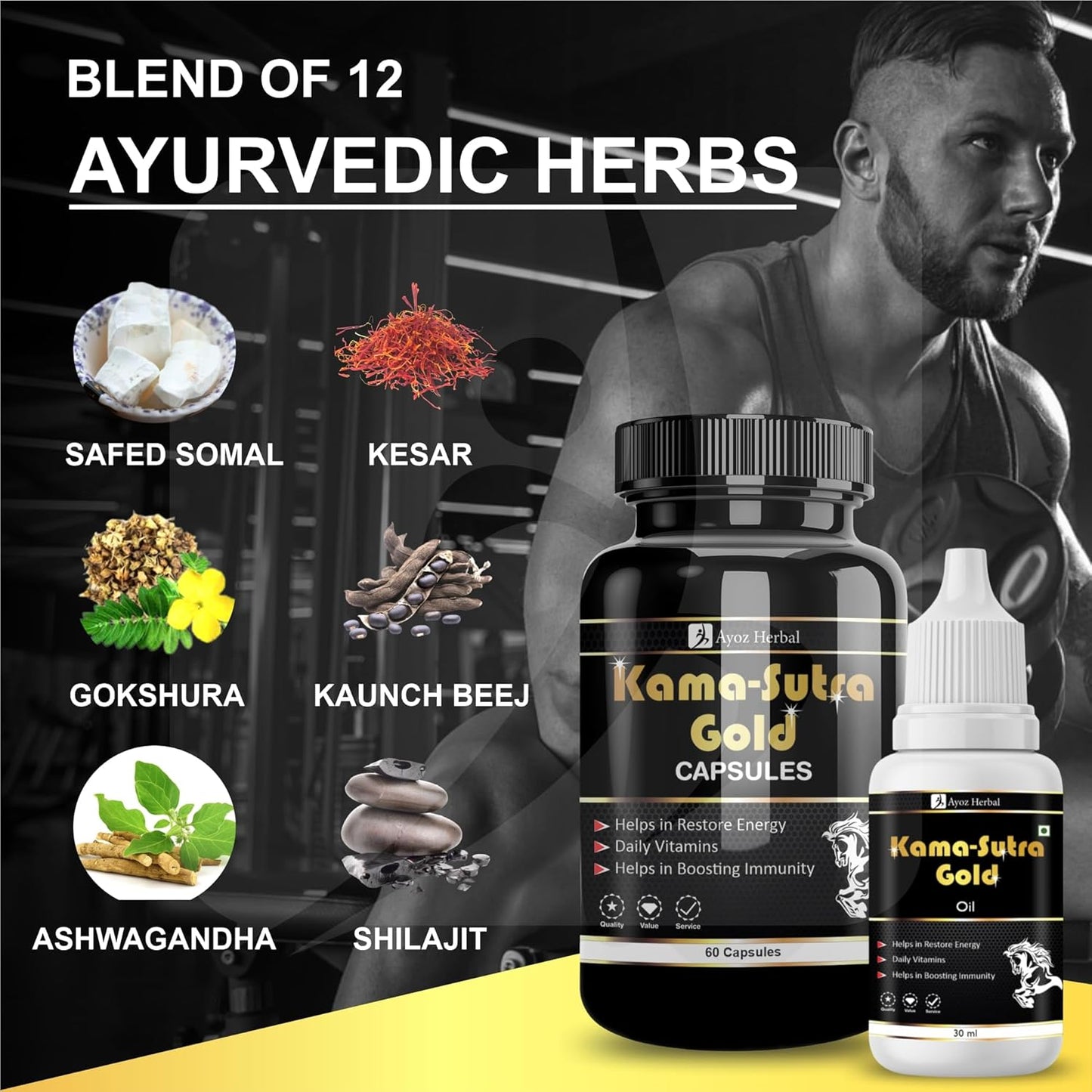 Kama Sutra Gold Capsules Recharge Energy 60 Capsules with Massage Oil 30ml Combo