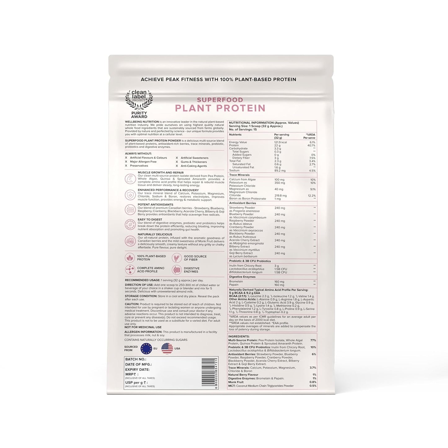 Wellbeing Nutrition Organic Vegan Plant Protein Isolate| 22g Protein, 5g BCAA, 3B CFU Probiotics, Digest Enzymes, 3g Fiber, 5 Alkalizing Greens| NO Bloating, Easy to Digest| Canadian Mixed Berry 500gm