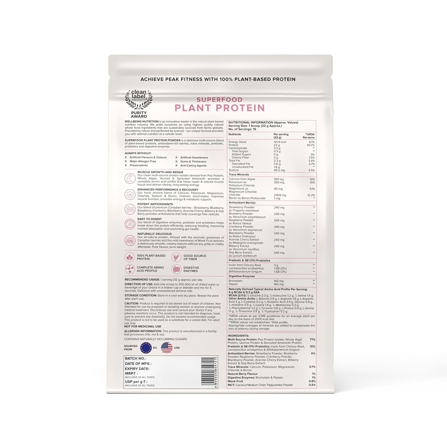 Wellbeing Nutrition Organic Vegan Plant Protein Isolate| 22g Protein, 5g BCAA, 3B CFU Probiotics, Digest Enzymes, 3g Fiber, 5 Alkalizing Greens| NO Bloating, Easy to Digest| Canadian Mixed Berry 500gm