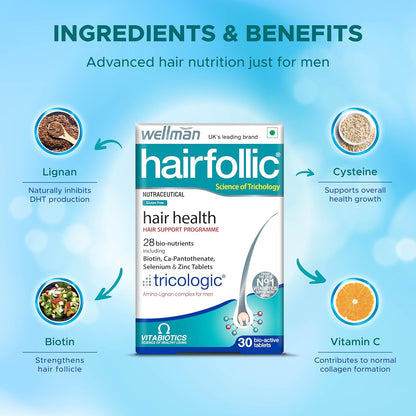 wellman Hairfollic Hair Supplements For Men - Advanced Hair Nutrition With Tricological Amino-Lignan Complex | 27 Bionutrients For Healthy Hair, Beard, And Skin (Pack Of 3), Tablet